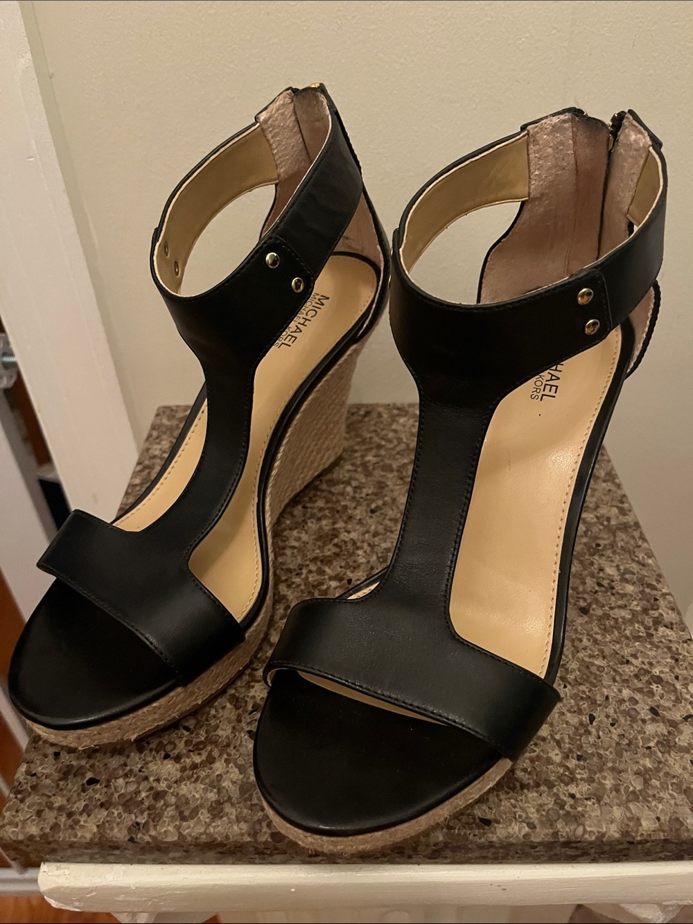 Michael Michael Kors black leather wedge sandals. Size 7.